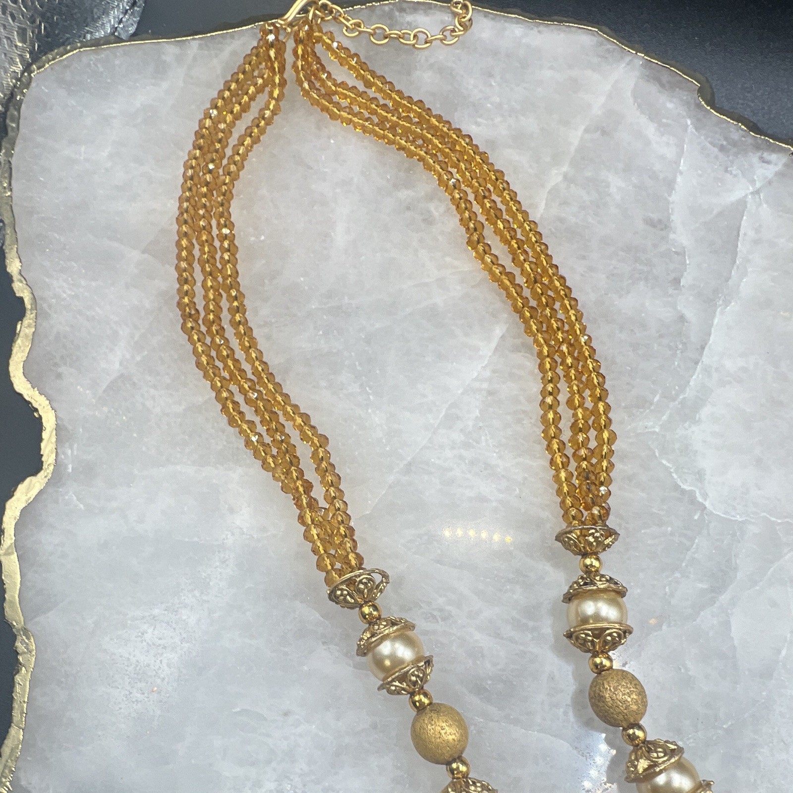 Gold Tone Multi-Strand Beaded Necklace, Fan Pendant, Simulated Pearl, Crystal