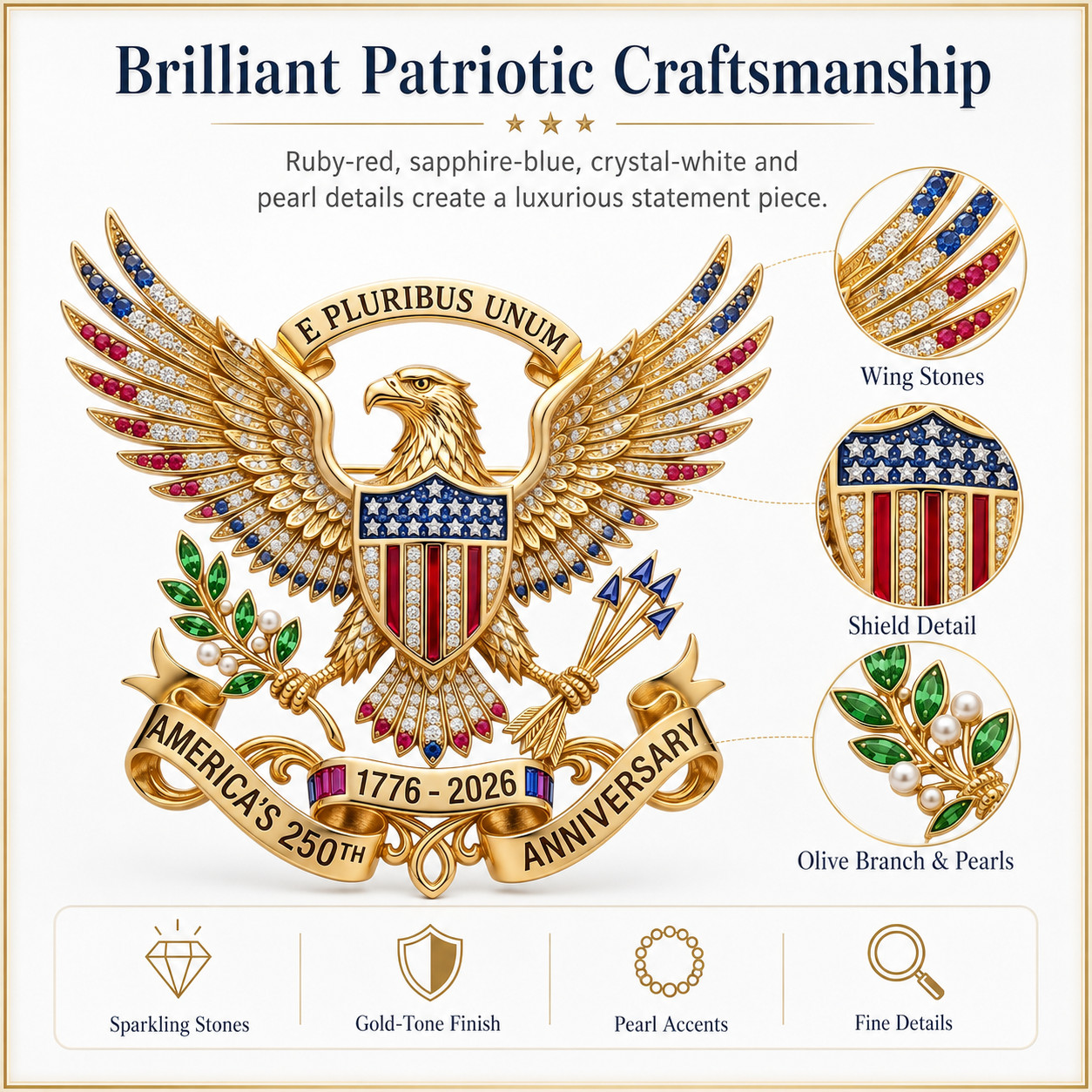 US 250th Anniversary Brooch Pin, Patriotic Bald Eagle Rhinestone Lapel Pin Jewel