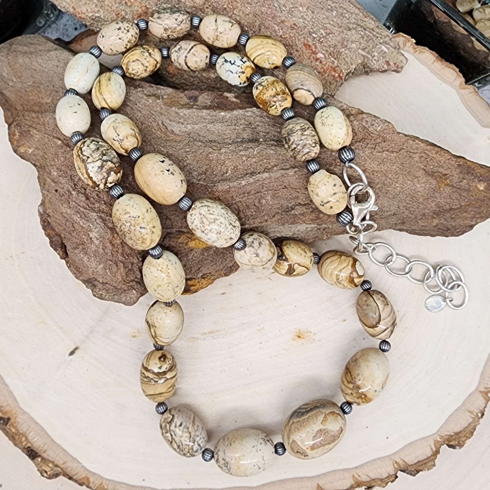 Carolyn Pollack 925 SS 9.1-16.1mm Graduated Jasper Bead 22″ Necklace + 4″ ext