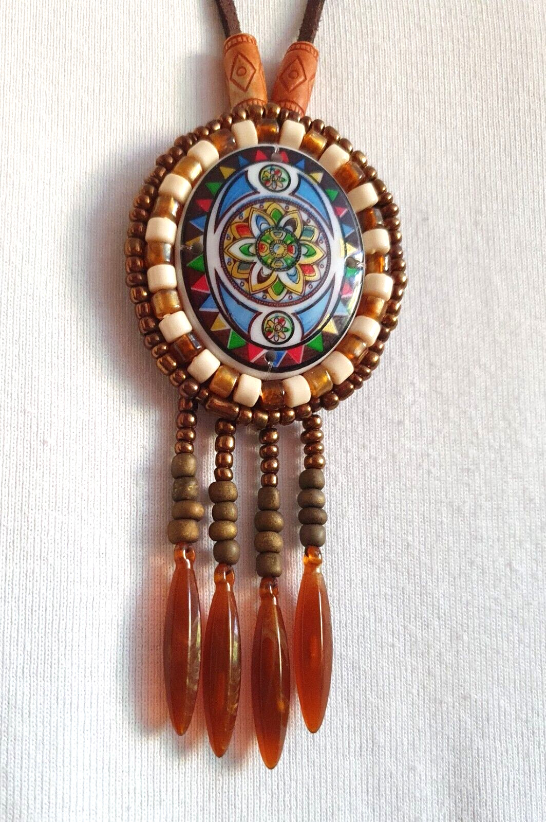Artisan Mandala Beaded Oval Tassel Leather backed Pendant suede cord Metal Free