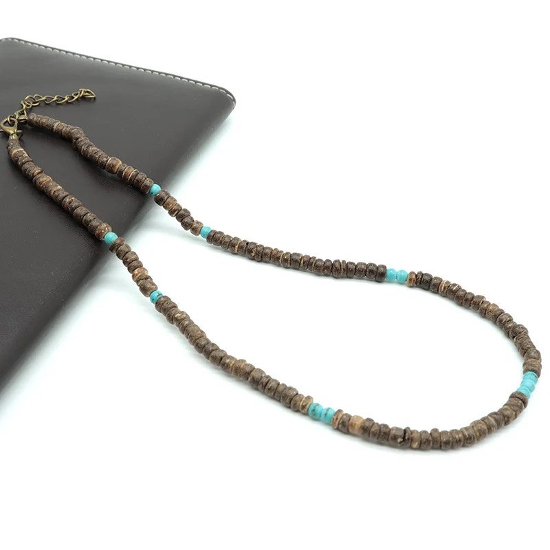 Natural Coconut Wood Necklace 19 Inch Round Bead Rope Chain Men Jewelry