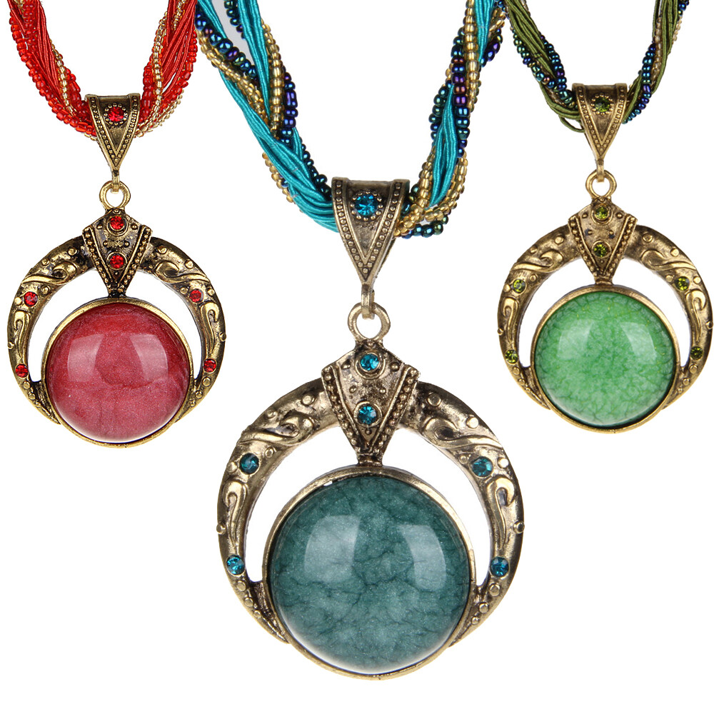 Women Lady Retro Bohemian Turquoise Rhinestone Pendant Collar Chain Necklace US