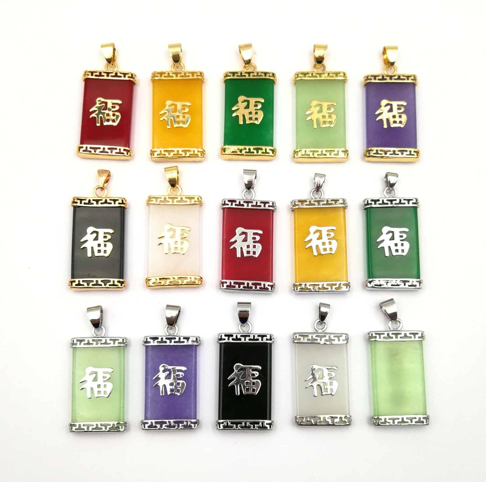 Green Multicolor Genuine Jade Blessing Fortune 18KGP Rectangle Pendant Necklace