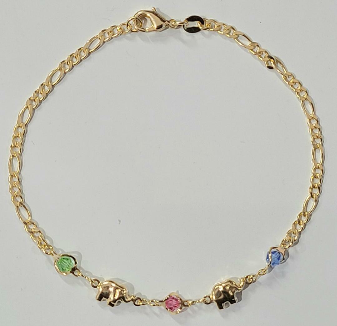 Elephant Ankle Bracelet 14k Gold Filled with Colored Stones 9.75 inch Long # 58
