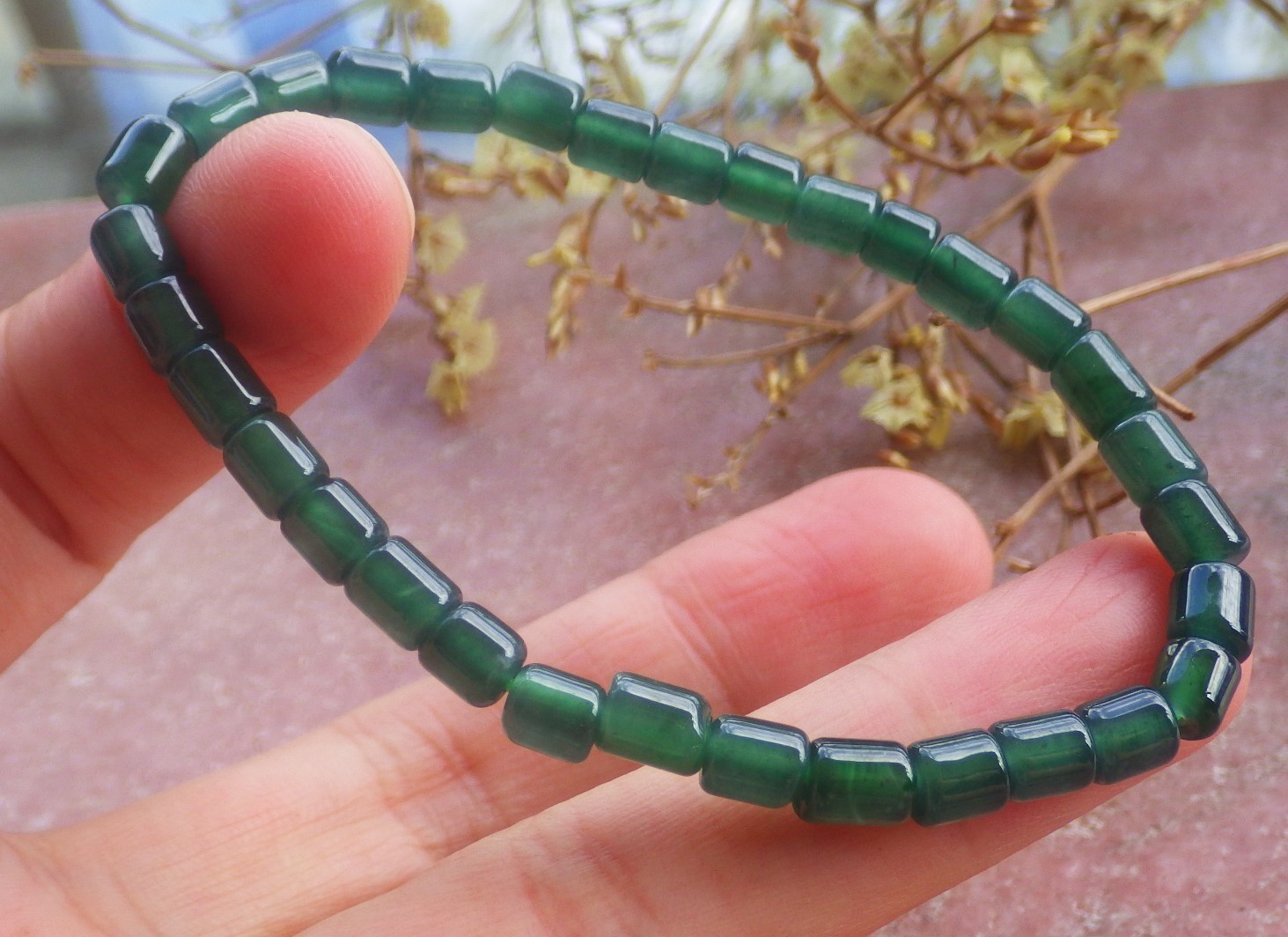 1 Pcs Green A JADE Jadeite Beads Bangle Bracelet 6.5 inches 6mm X 5mm 手链 735662