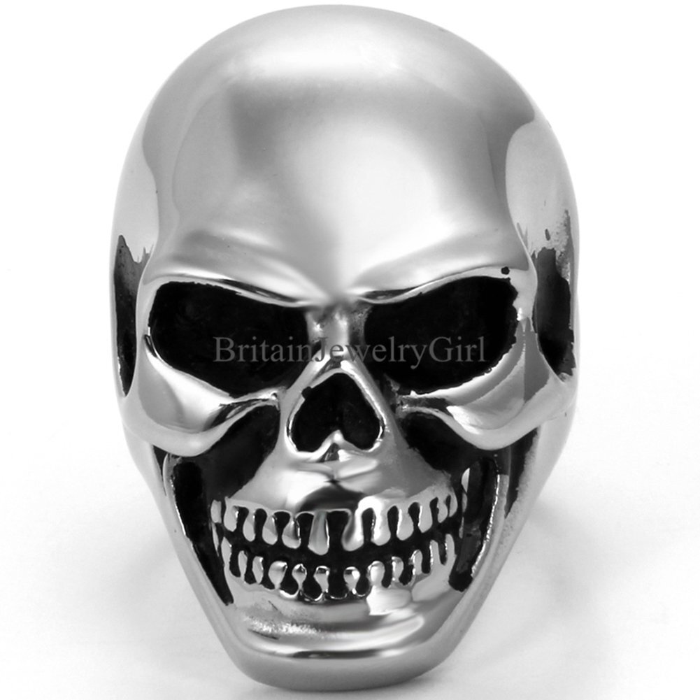 Flongo Stainless Steel Men Punk Gothic Heavy Skull Head Biker Ring Band Sz#7-14