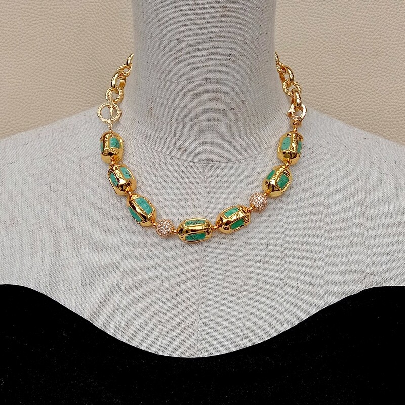 16.5″ Turquoise With Electroplated Edge CZ Pave Beads Chain Choker Necklace