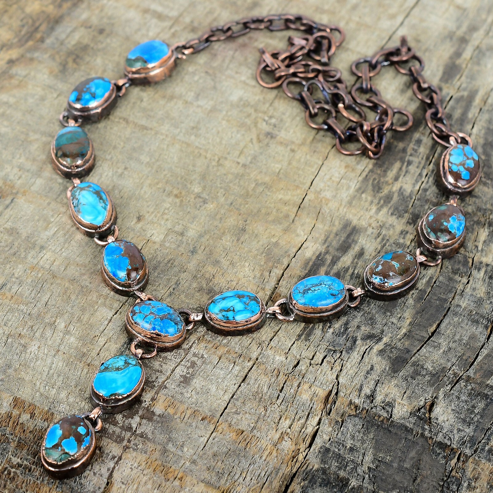Copper Oval Tibetan Turquoise Stone Electroformed Bezel Chain Necklace Jewelry