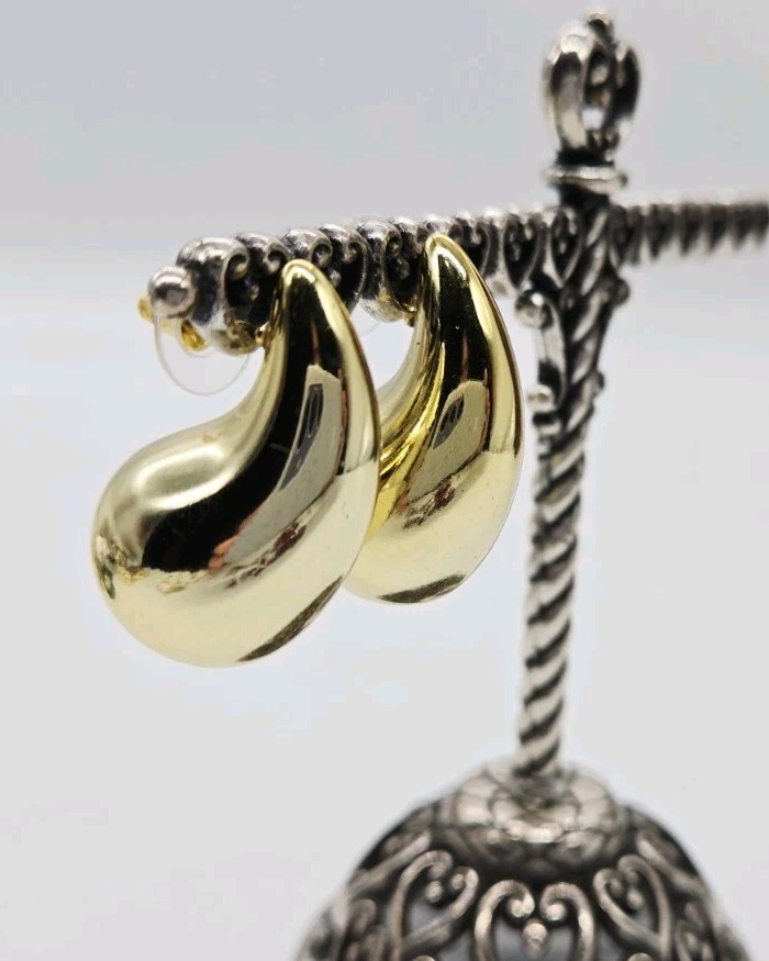 Teardrop Earrings Yellow Gold Plated Hollow Chunky Push Back Post 1.25 in