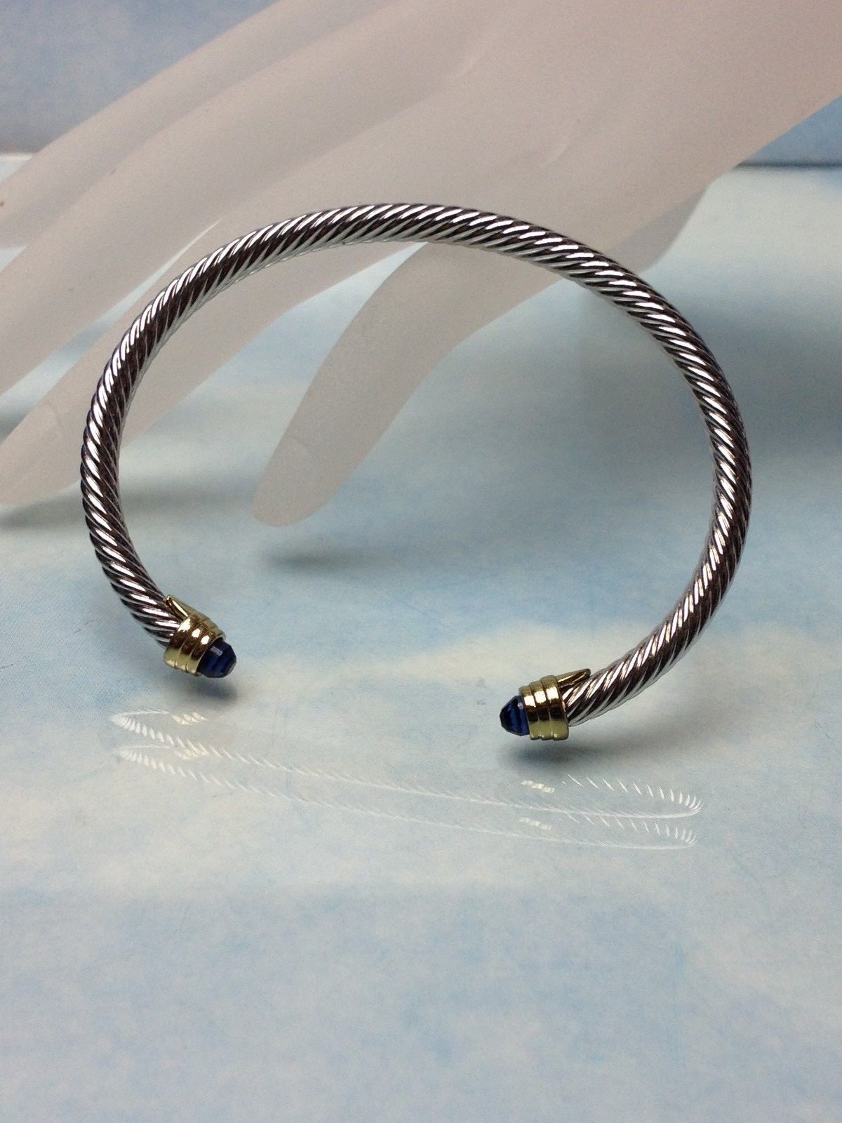 Blue Sapphire Stone Silver Gold Finish Designer Inspired Open Cuff Bracelet