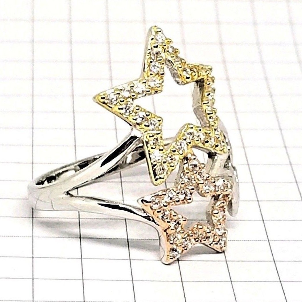 (SIZE 6,7,8,9) Glittering Gold & Champagne CZ STARS RING .925 STERLING SILVER