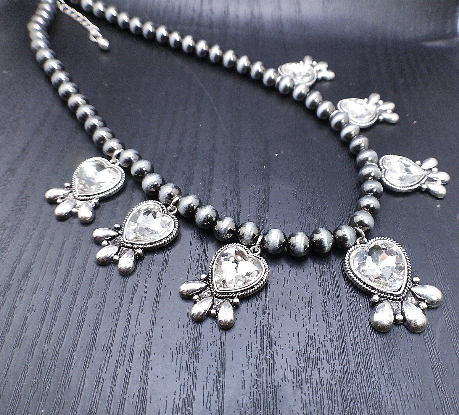 Western Clear Crystal Heart Necklace Navajo Pearl Style Cowgirl Statement Rodeo