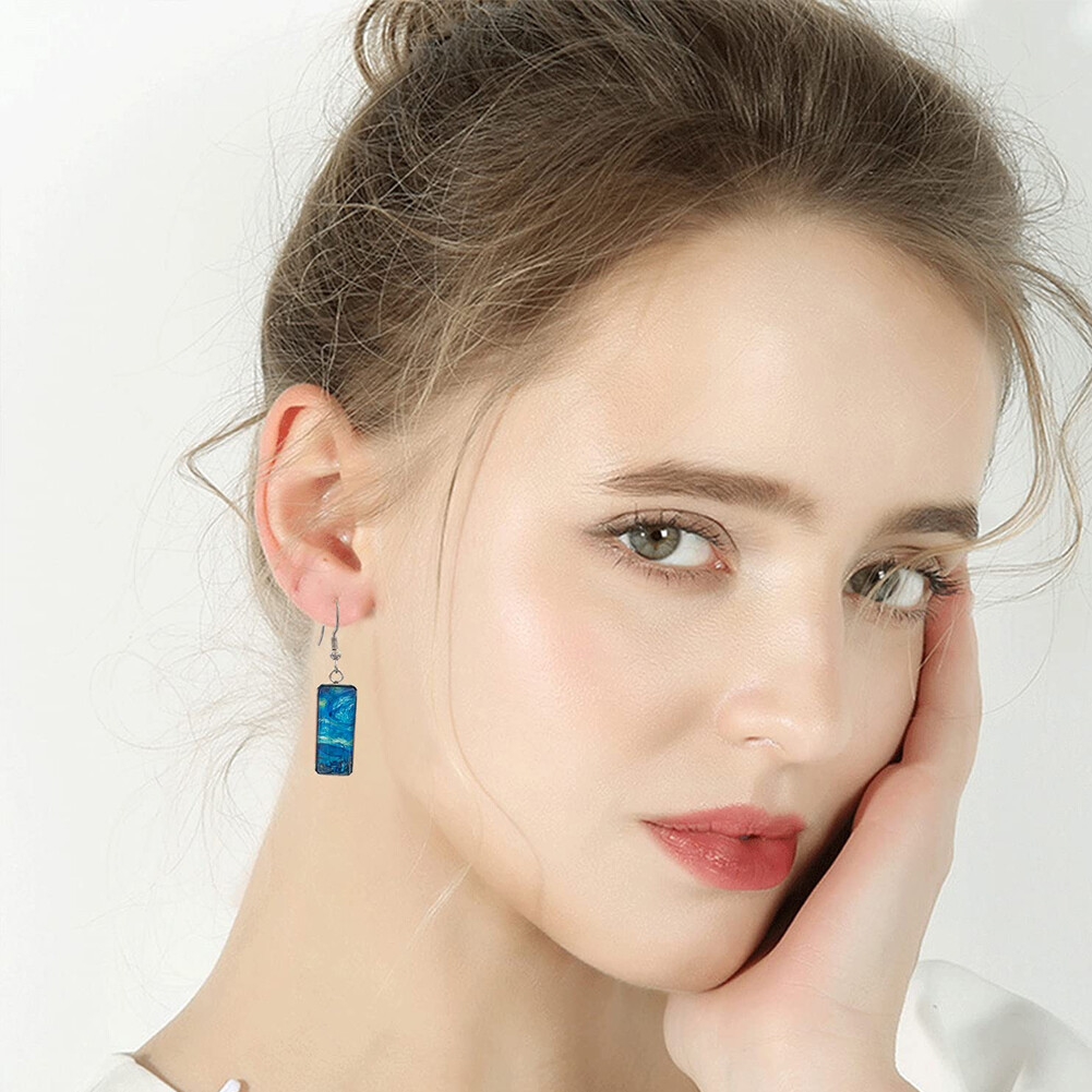 US Rectangle Starry Sky Sunflower Van Gogh Painting Glass Drop Dangle Earrings