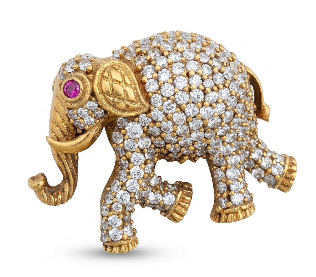 Elephant Red And White CZ Zirconia Gemstone 925 Sterling Silver Brooch And Pin