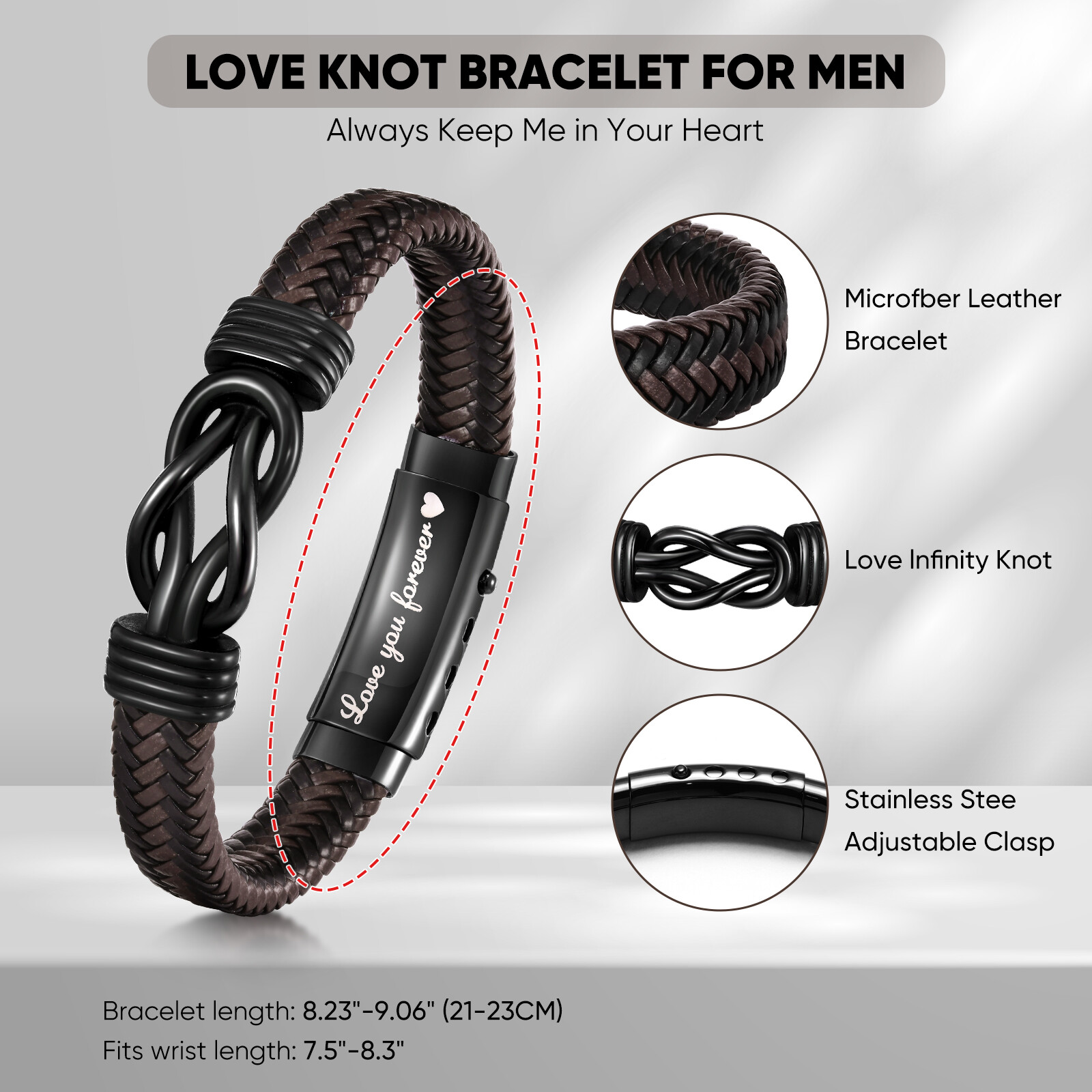 VNox Men Infinity Knot Leather Bracelet Stainless Steel Love Wristband Valentine