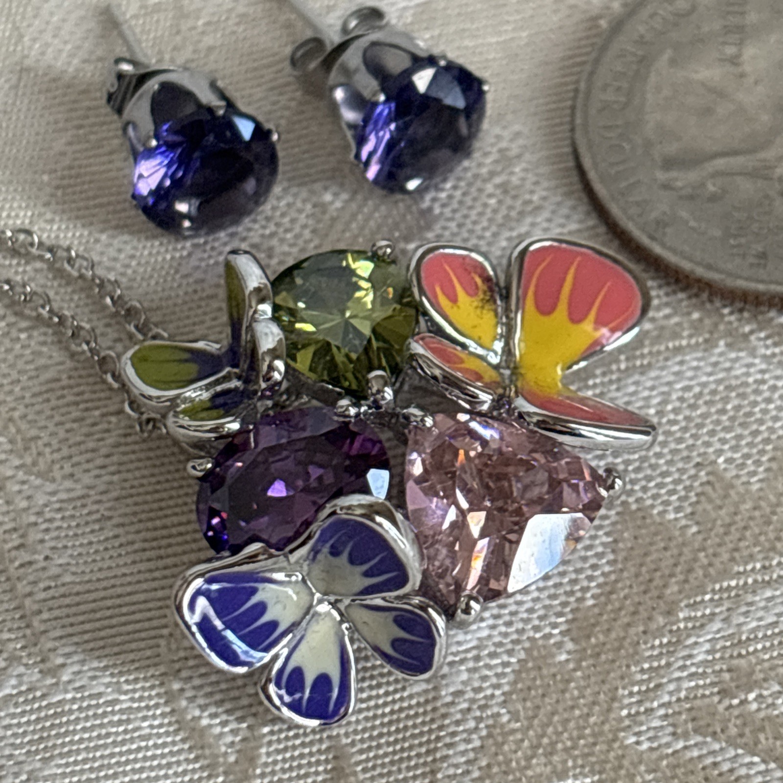 Park Lane Fairytale Pendant 16-18” Silver Tone Purple Pink Green Butterfly & Bns