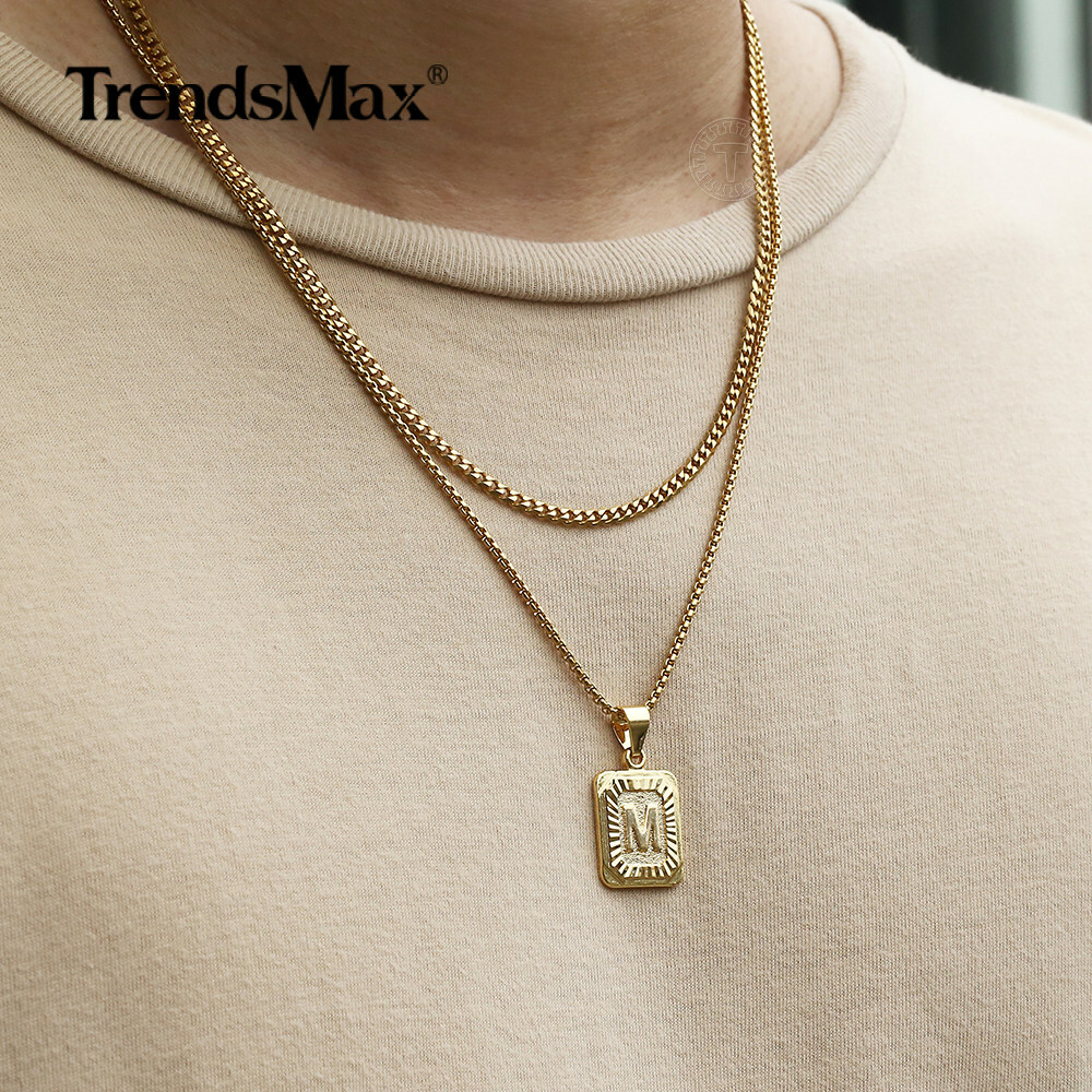 14K Gold Plated Rectangle Letter A-Z Pendant Necklaces (Curb/Box Chains+Charm)