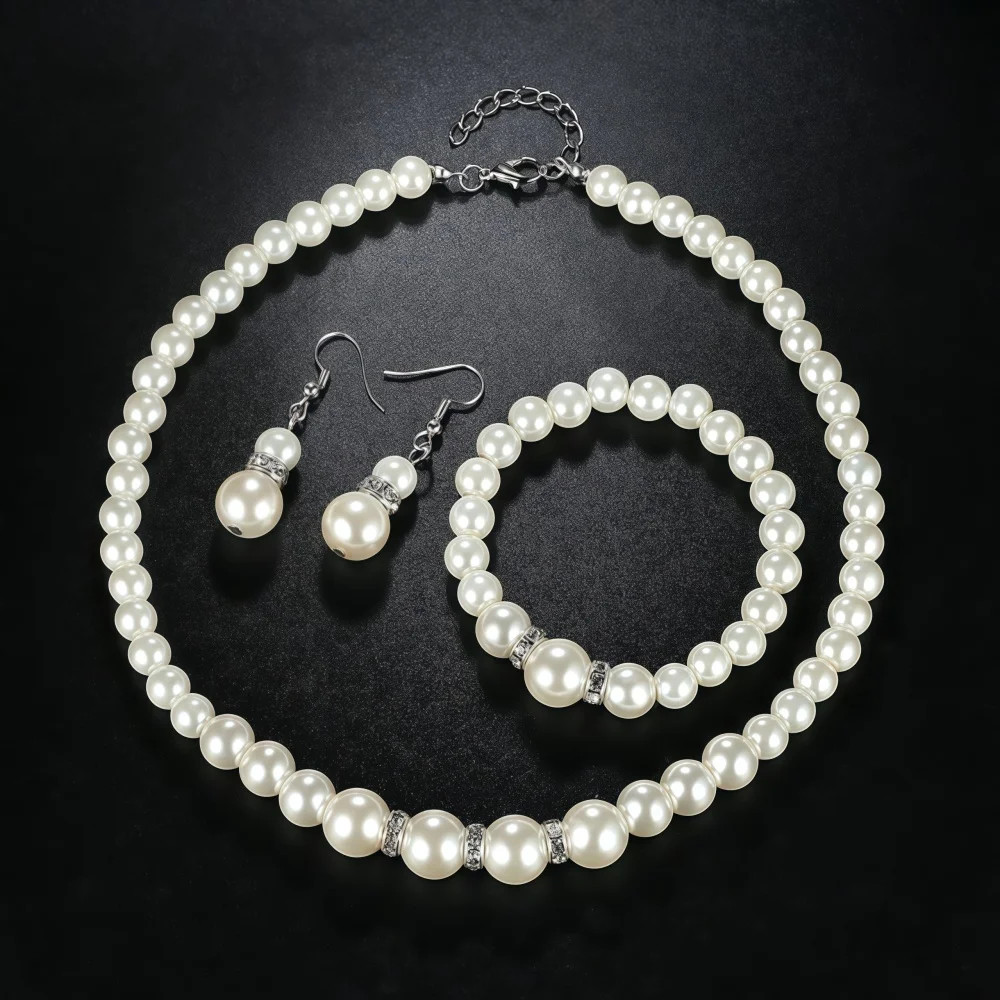 3PCS Pearl Jewelry Set Necklace Bracelet Earring Stud Gift Set For Women