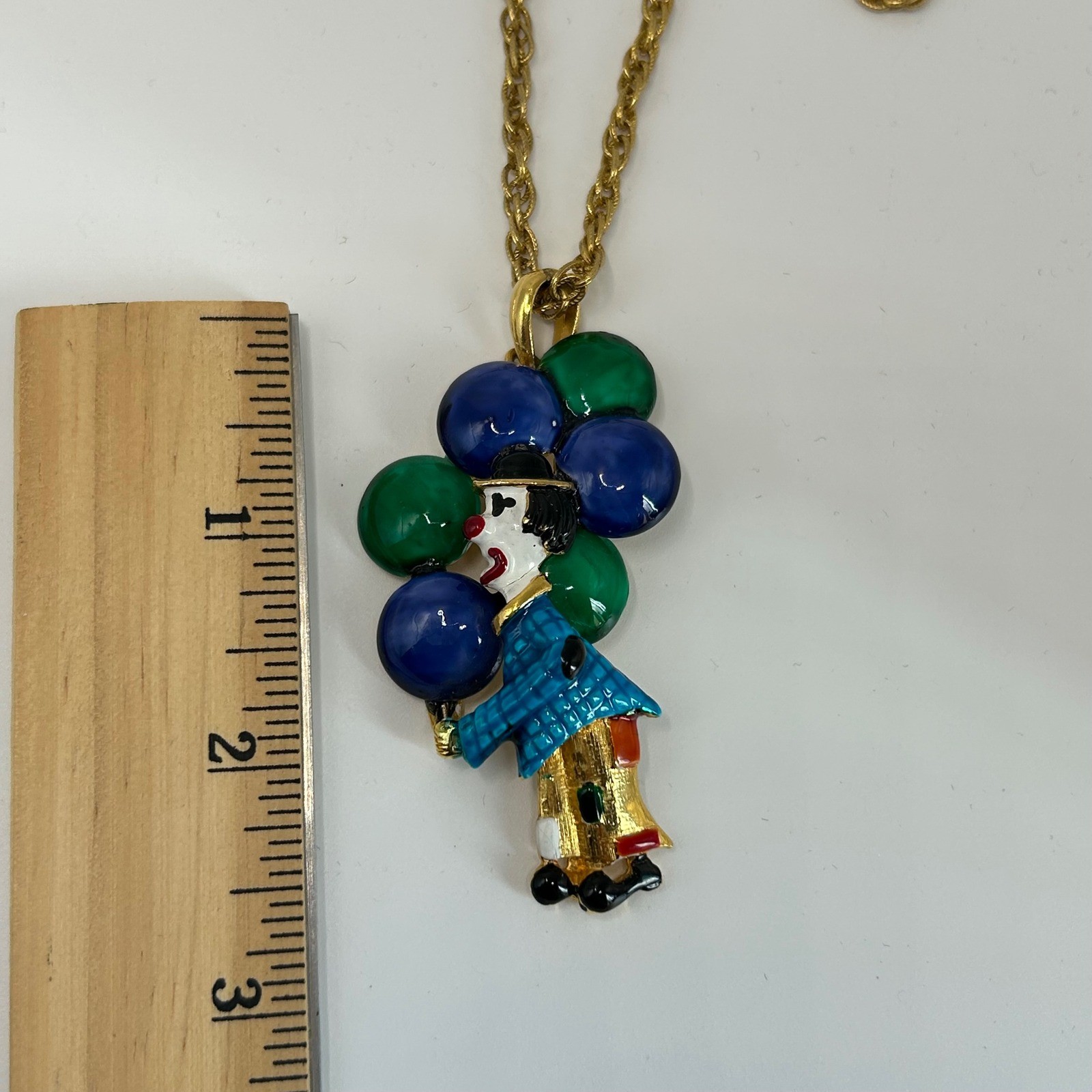 Vintage Enamel Clown Balloons Pendant Necklace Gold Tone Blue Red Green Circus