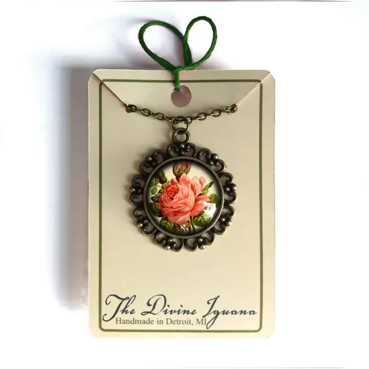 Victorian Tea Rose Ornate Pendant Necklace on Chain, Nickel-Free