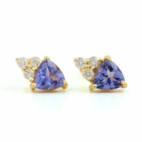 2 Ct Trillion Simulated Tanzanite Women’s Stud Earrings 14K Yellow Gold Plated
