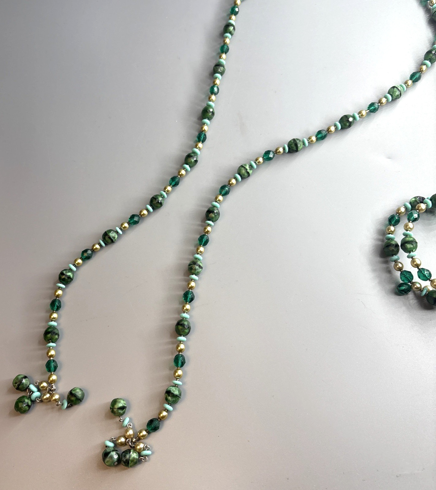 Emerald Green, Turquoise and Gold Beaded Set 42″ Lariat Necklace & Coil Bracelet