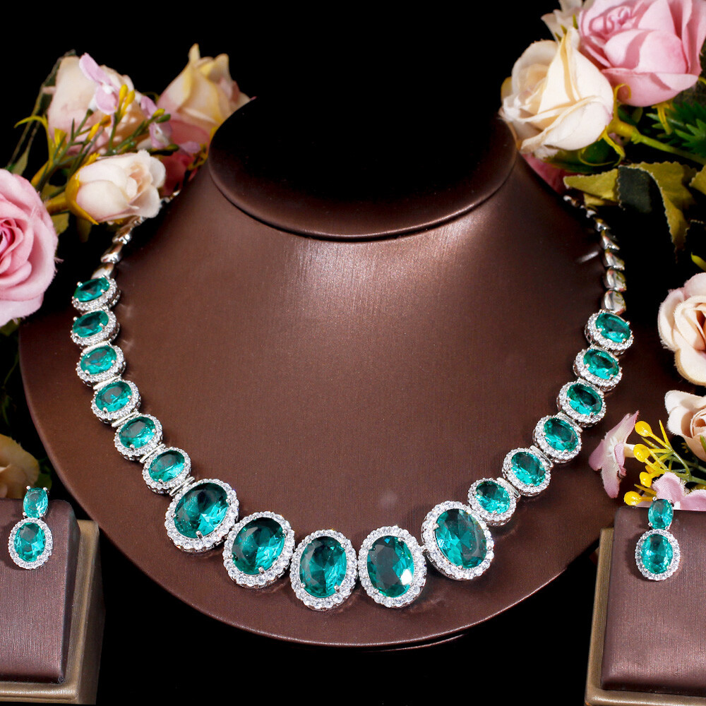 Gorgeous Big Green Oval Necklace Earrings Silver Plated Zircon Women Jewelry Set