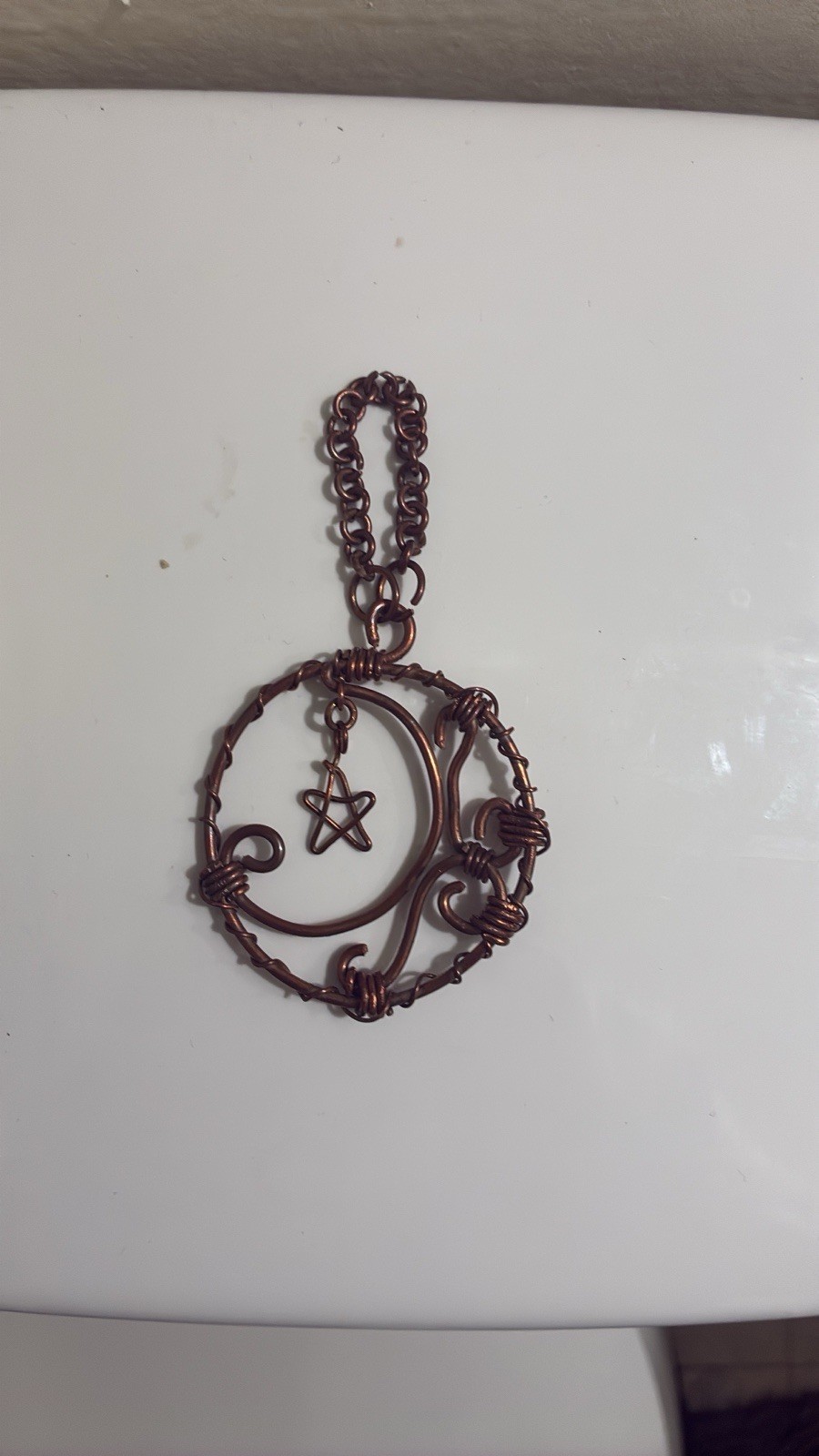 Handcrafted Copper Wire Wrapped Round Star Charm Pendant Link Chain Necklace