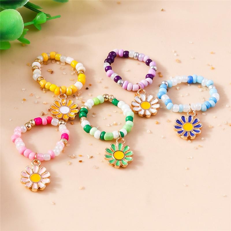 Bohemian Handmade Colorful Flower Beaded Ring Set for Women Beach Jewelry Gift