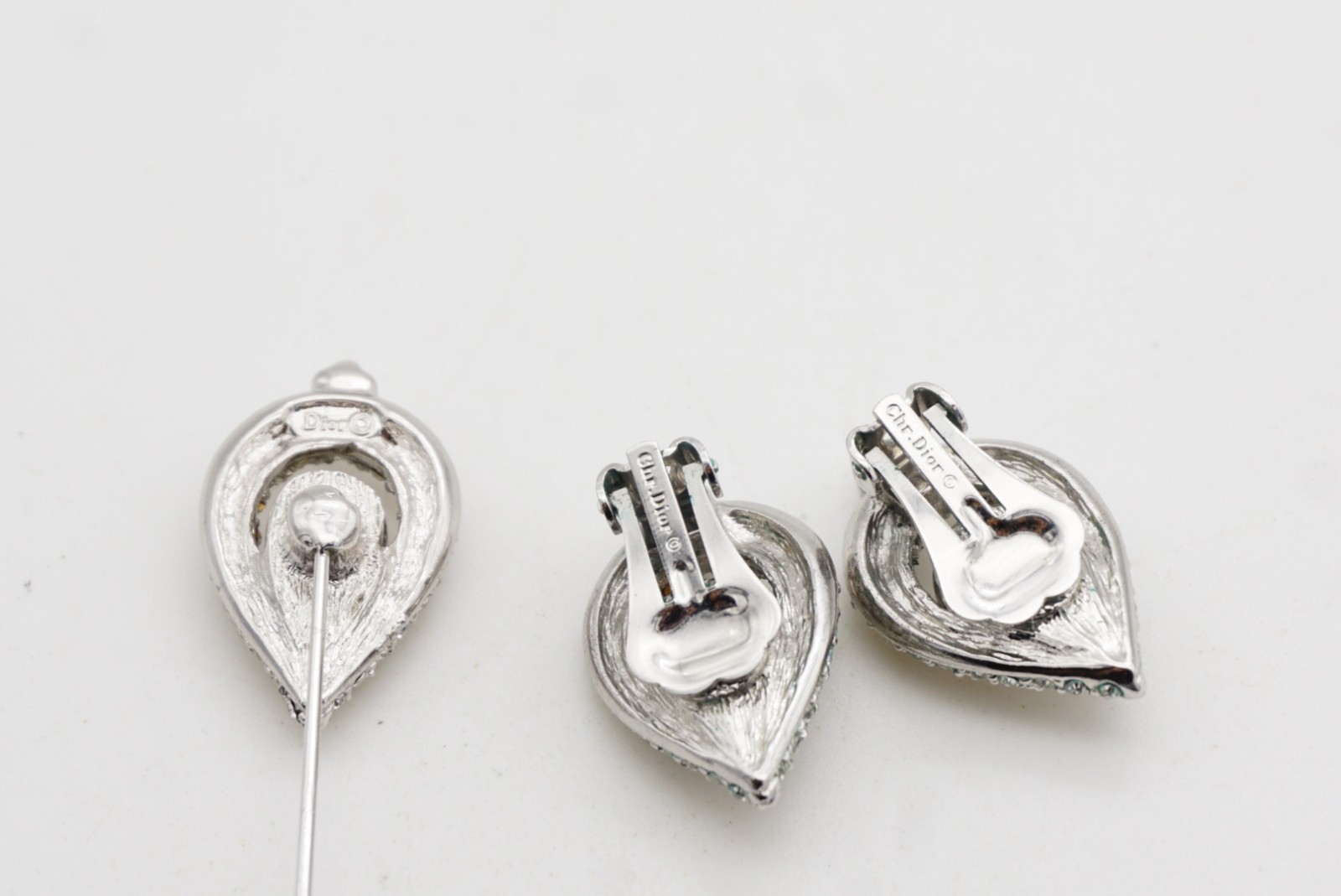 Christian Dior Vintage Peacock Eye Water Drop Whole White Crystals 2 Set, Silver