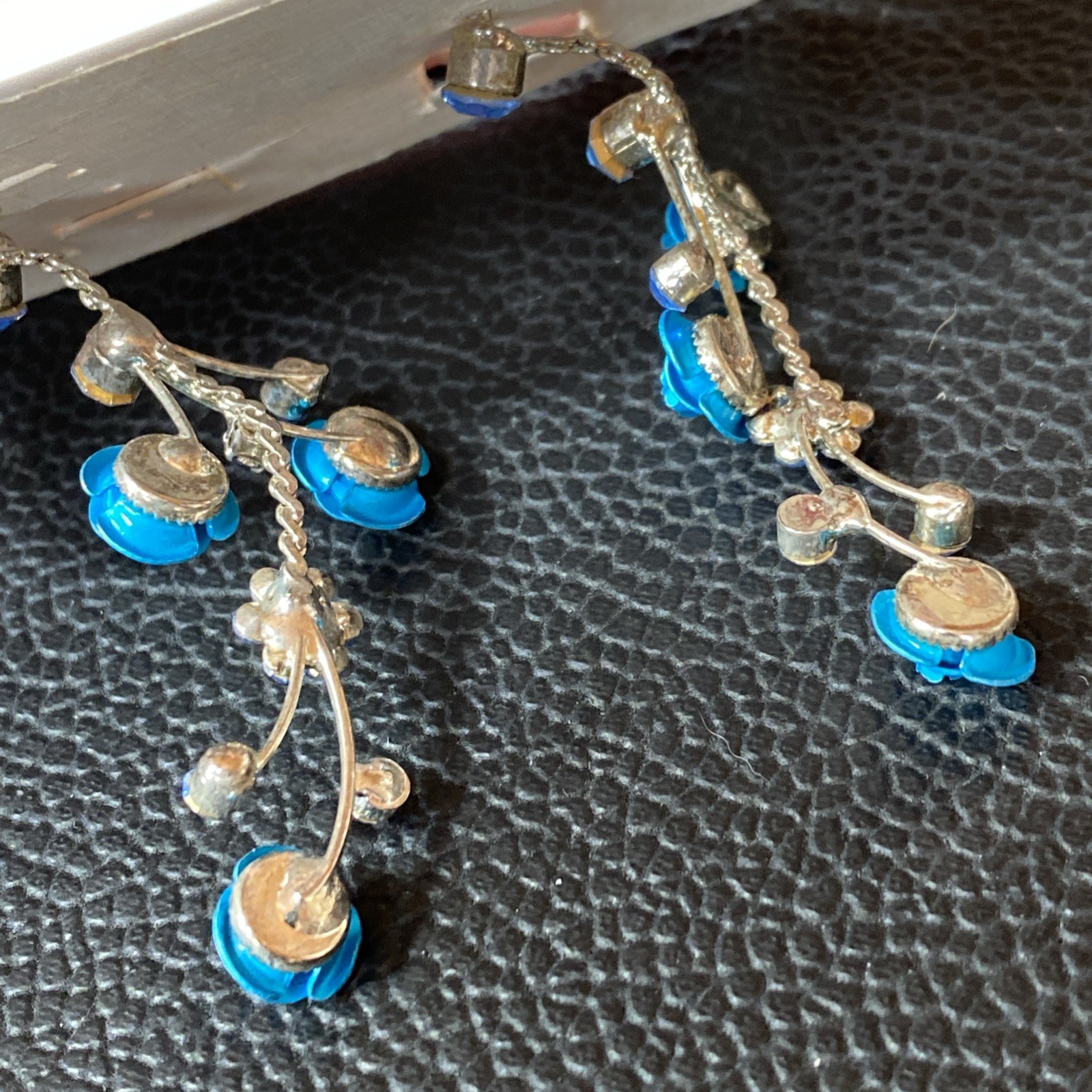 Faceted Blue Rhinestone Retro Aluminum Rose Dangle Silvertone Flower Earrings