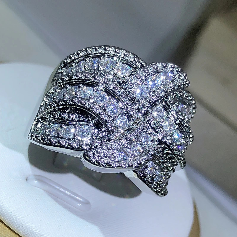 Sterling Silver Band Ring Simulated Zirconia Pave Set Wedding Women Jewelry