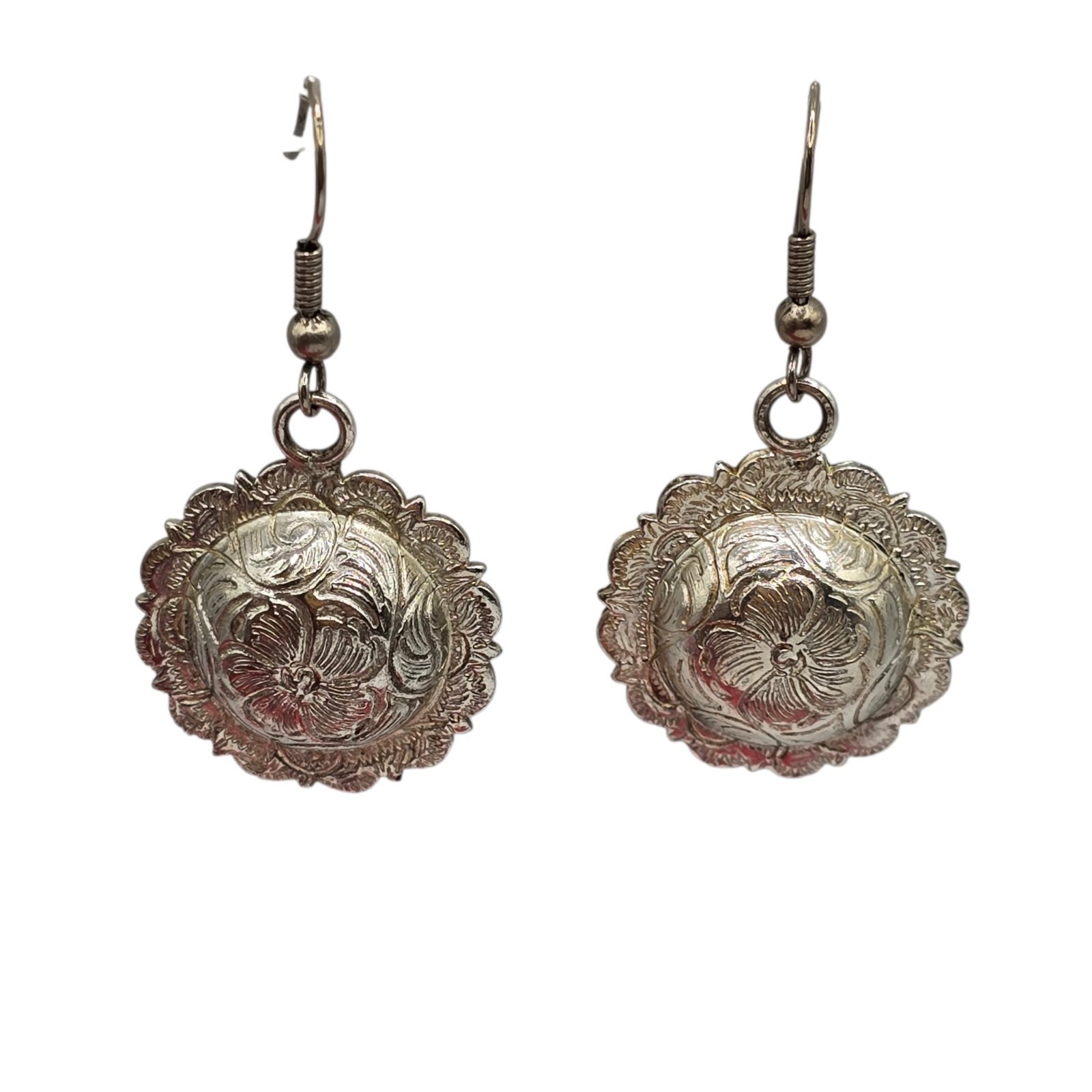 Earrings Raised Floral Repousse Design Dome Discs Scalloped Edged Pierced SK3164