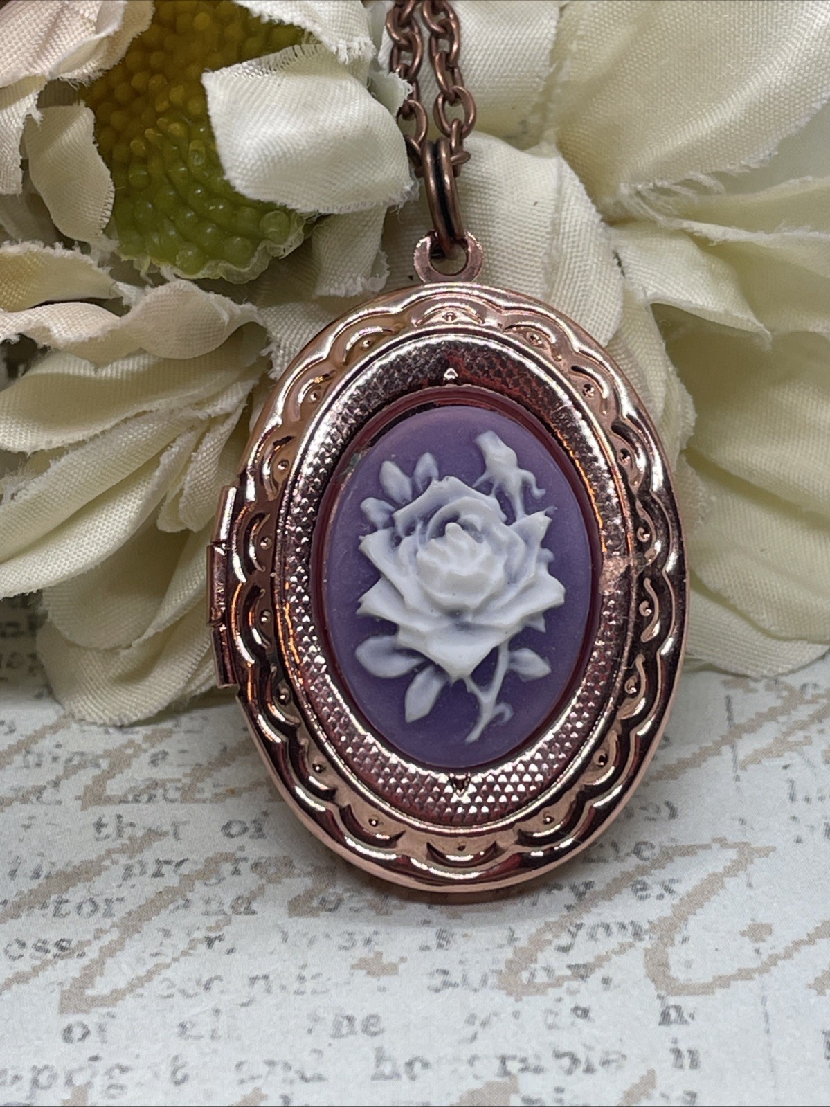 Dainty Rose Gold Locket Cameo Purple Whit Wedding Jewelry Gift Birthday Necklace