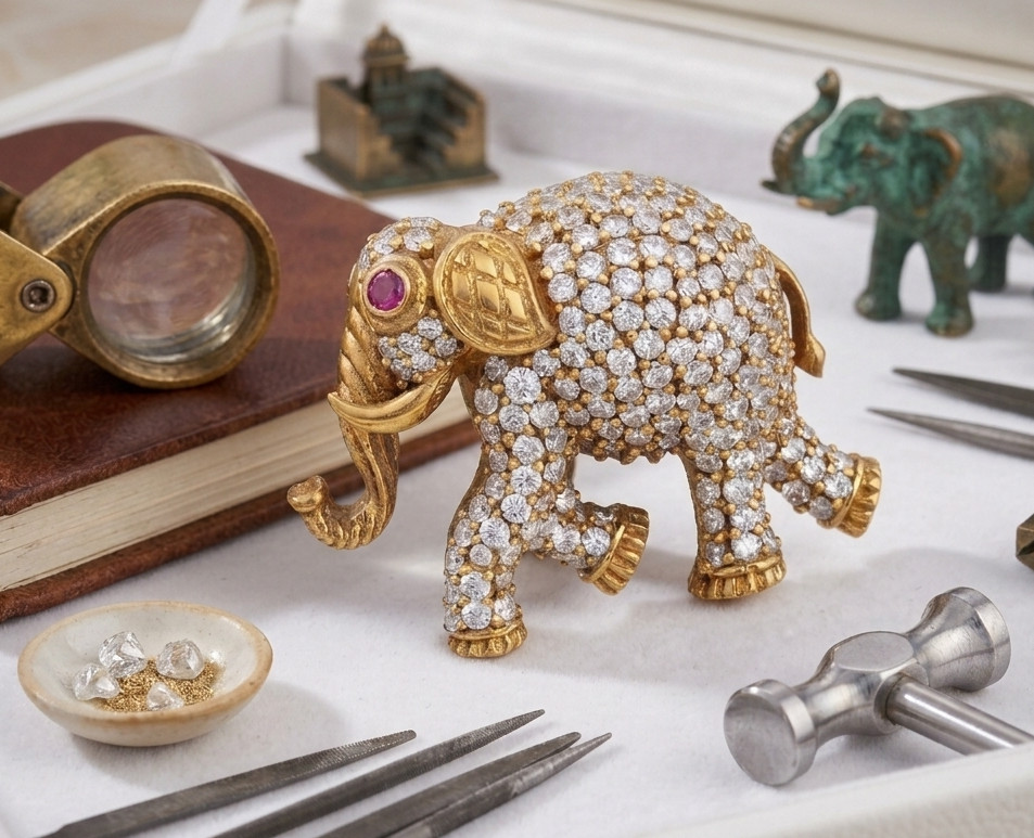Elephant Red And White CZ Zirconia Gemstone 925 Sterling Silver Brooch And Pin