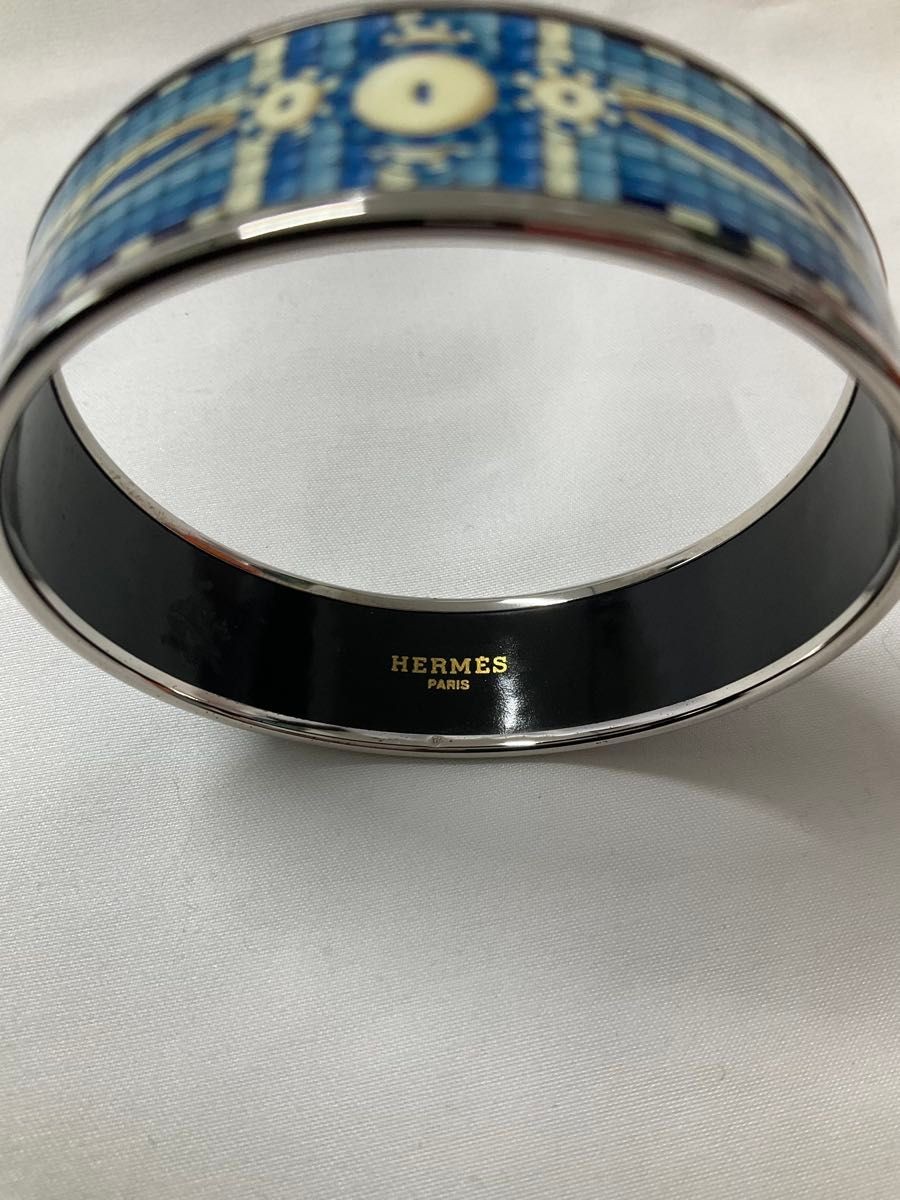 HERMES Cloisonne Enamel Email GM Bangle Bracelet Royal Blue Silver Women