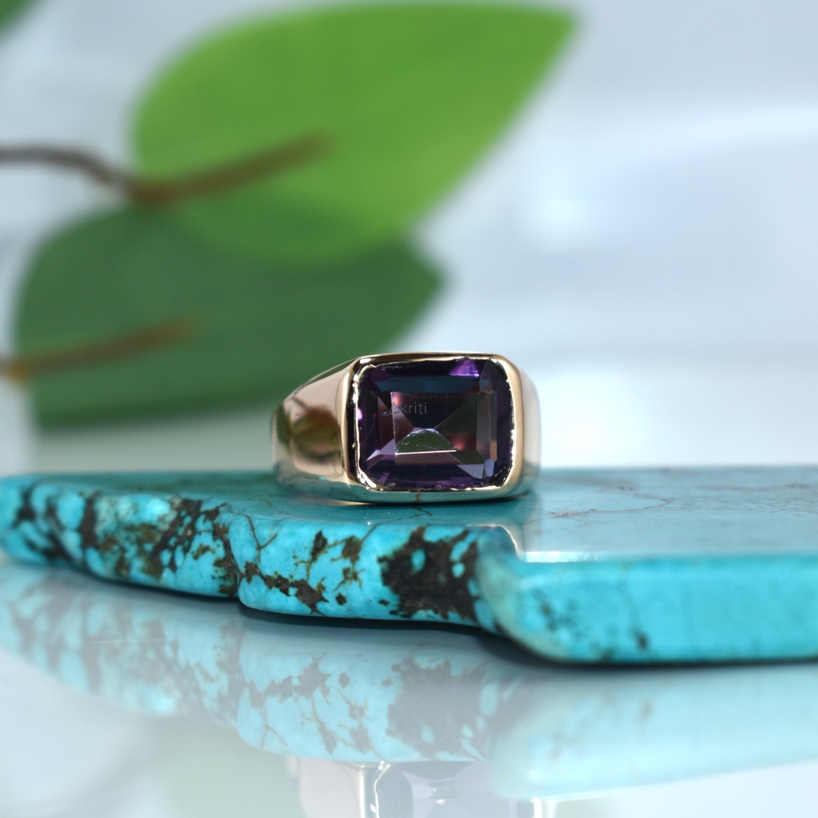 Deep Amethyst Copper Handmade Signet Men’s Ring Traditional Skill Artist