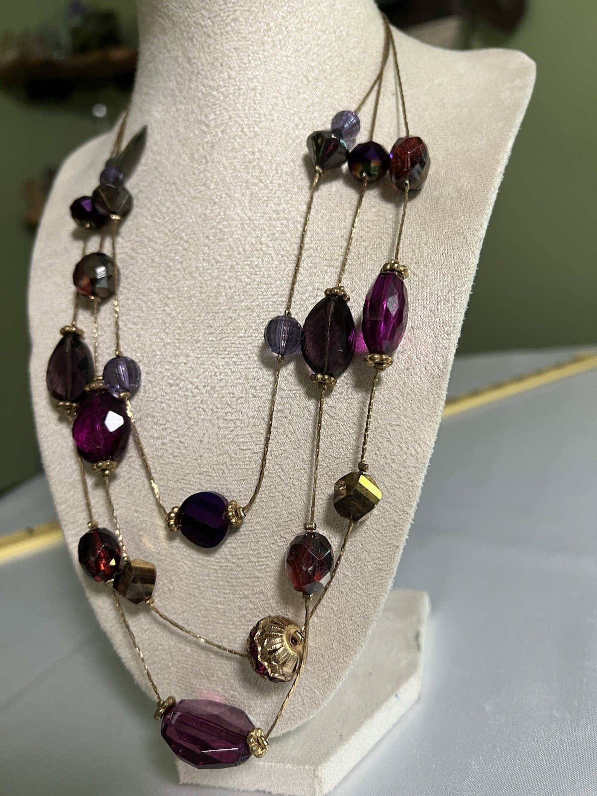 New Purple Multi Strand Layered Bead Necklace Floating Illusion Station Gold