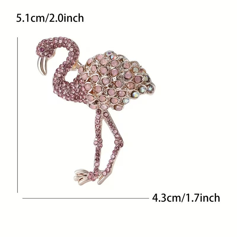 Pink Crystal Flamingo Brooch Pin – Rhinestone Animal Statement Jewelry, Gold Ton