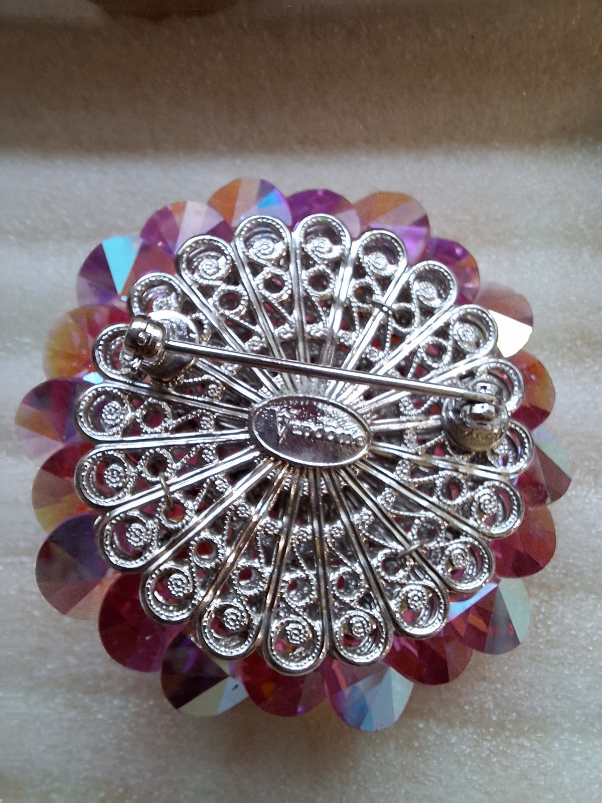Pink Aurora Borealis Crystal Rhinestone Flower Cluster Brooch Pin, Metal Signed