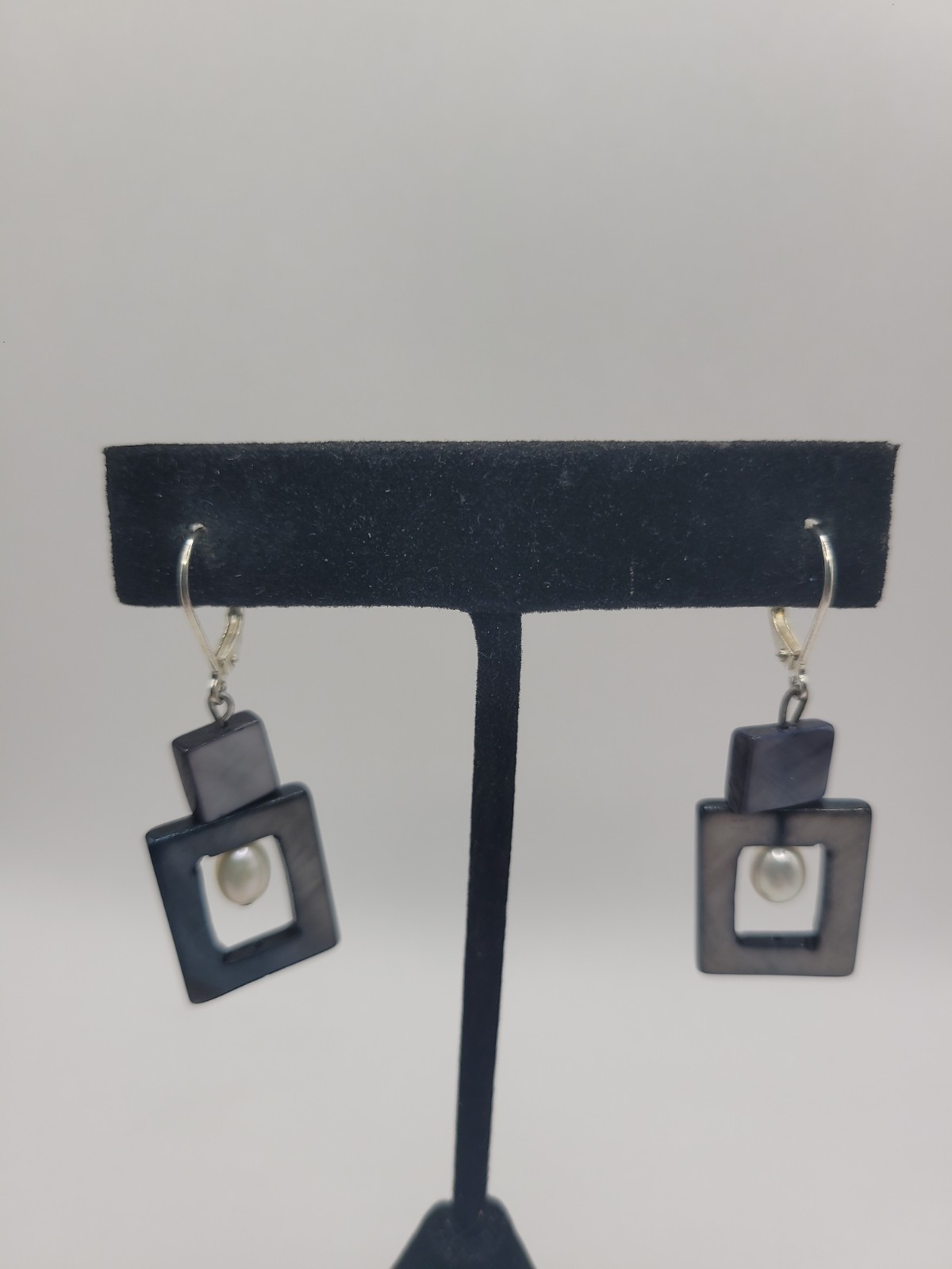 Geometric Gray Blue White Dangle Earrings Silver Tone Rectangle Drop Earrings