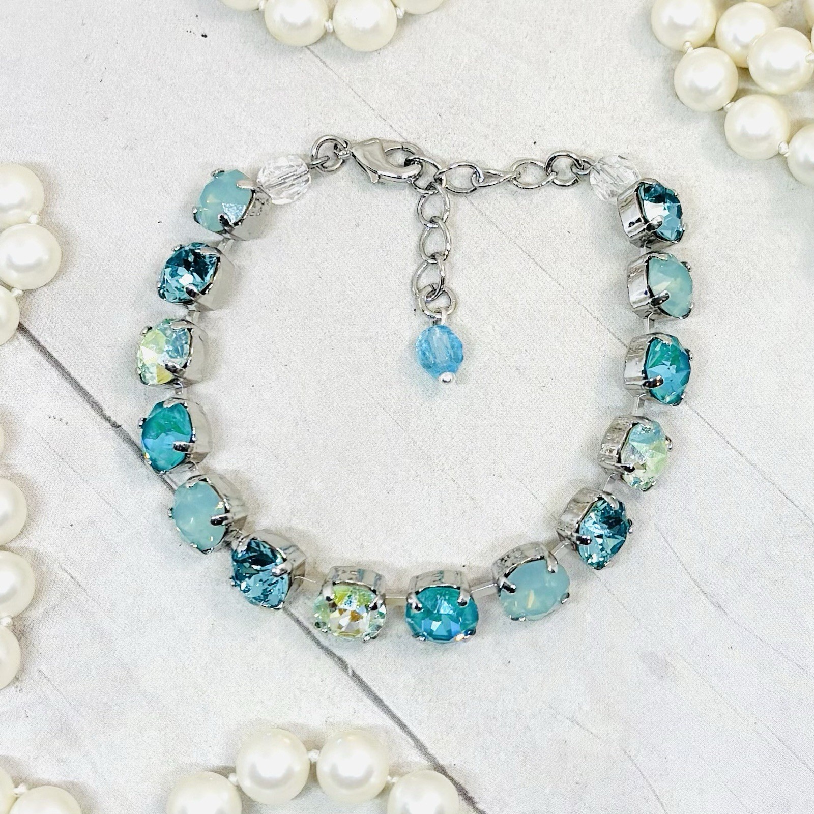8mm Shiny Silver Plated Mint Green PACIFIC OPAL Teal Cup Chain Tennis Bracelet