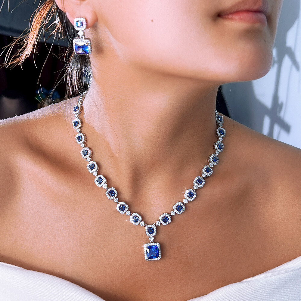 Blue Square Drop Earrings Necklace Silver Plated Cubic Zircon Bridal Jewelry Set