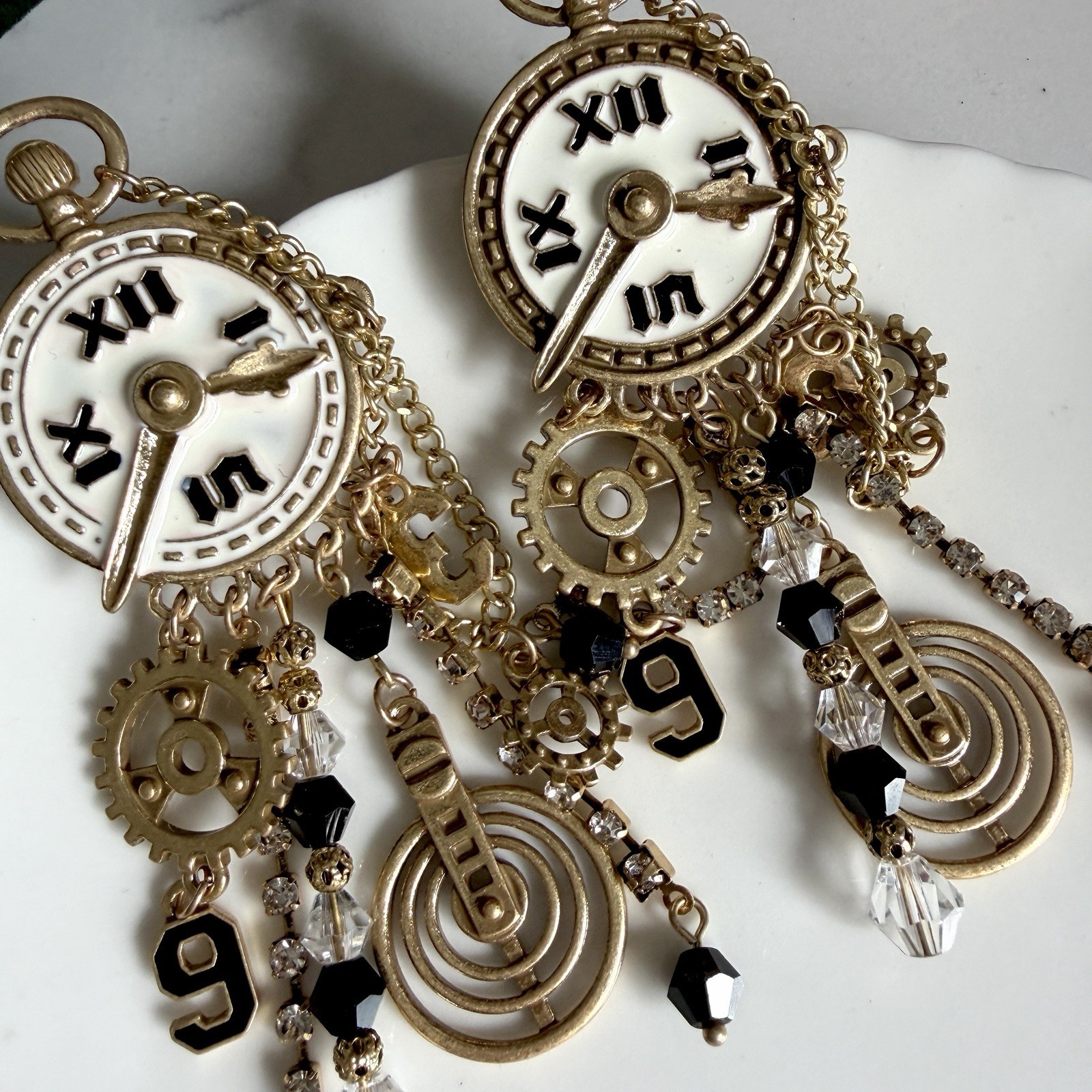 Gold Vintage Style Clock Earrings Steampunk Style Gears Jumbo Jewelry Gift NEW
