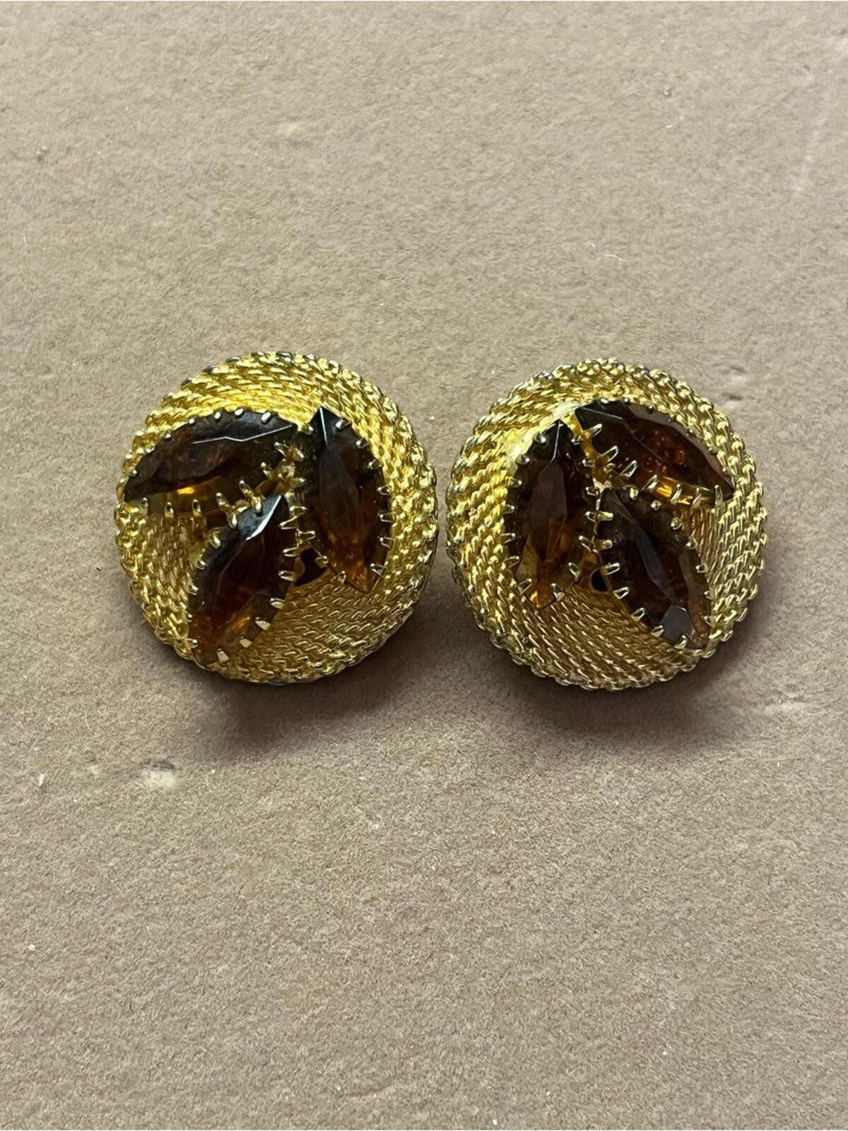 Vintage Amber Topaz Rhinestone Gold Tone Clip Earrings Designer Style