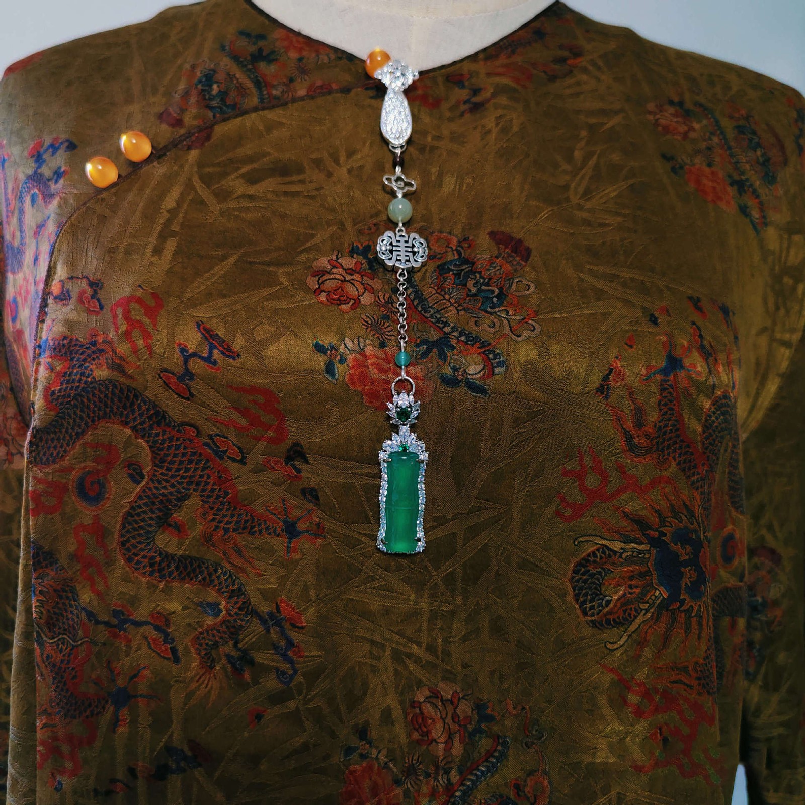 Bamboo Jie Ruyi Shou Pendant Qipao Hanfu Yajin Brooch with Auspicious Characters