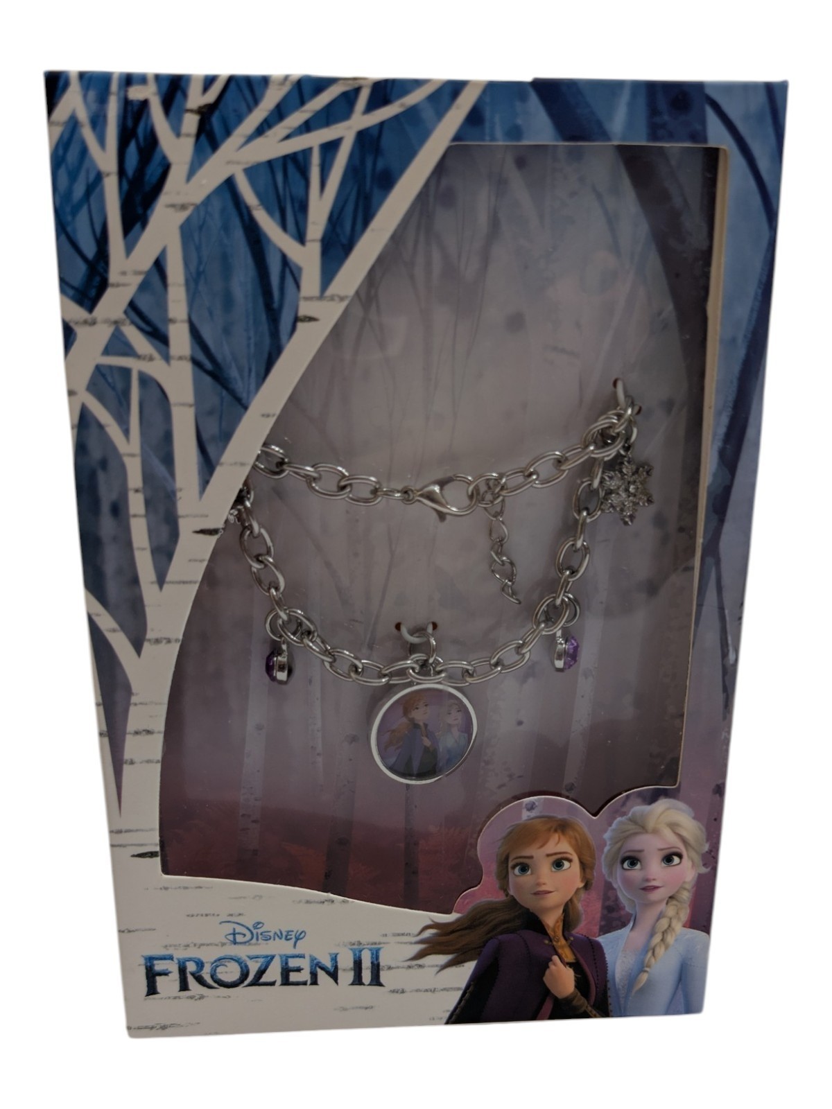 Disney Frozen II Charm Bracelet Anna Elsa Snowflake Purple Crystal Silver Tone