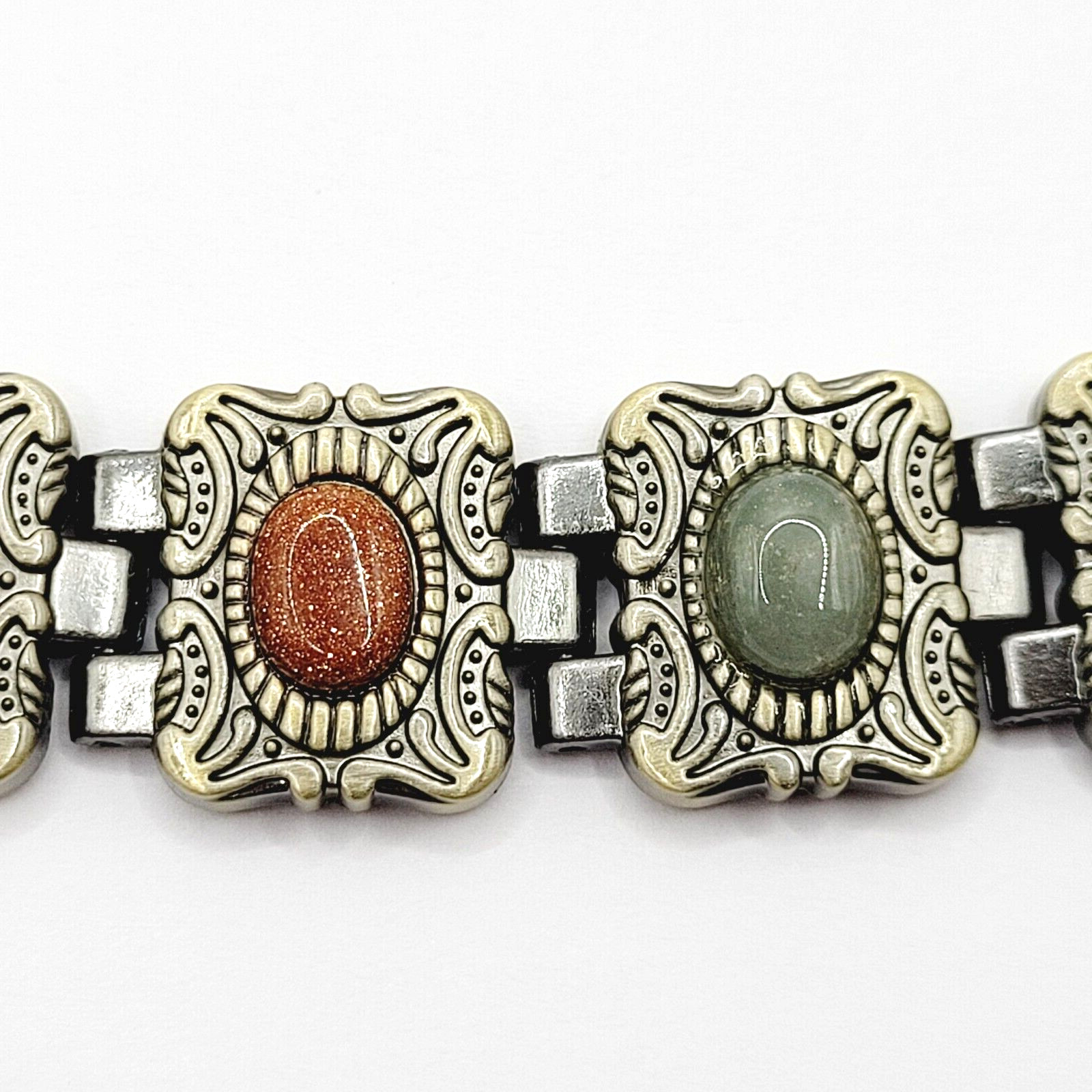 Ornate Western Style Multi Color Faux Gemstone Muted Gold Silver Tone Bracelet