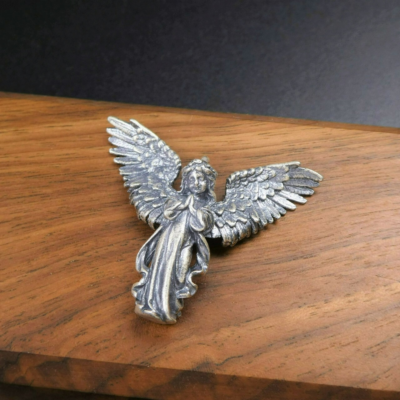 Antiqued 925 Sterling Silver Praying Angel Pendant with Open Wings Unique