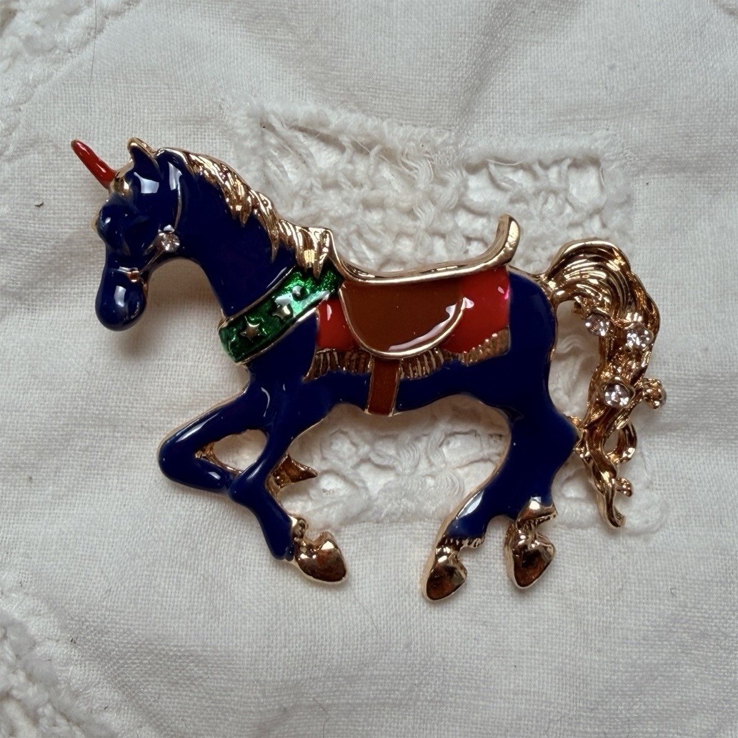 Blue Gold Red Green Enamel Horse Brooch Pin Animal Fantasy Theme Metal